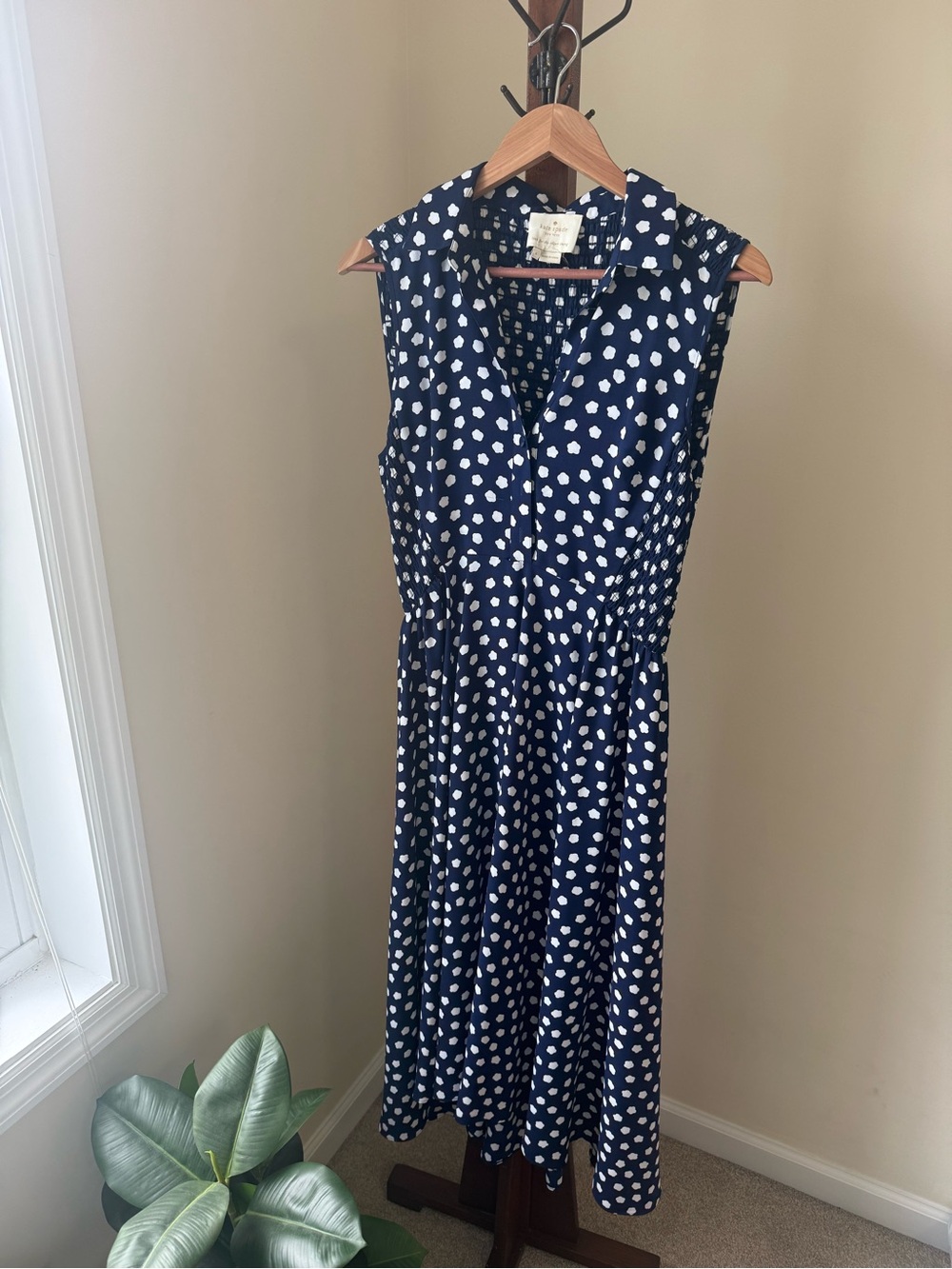 kate spade Navy and White Polka Dot Sleeveless Midi Dress